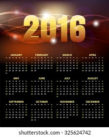 Calendar for 2016 on abstract golden shiny background. Week Starts Sunday. Stylish black Vector Template