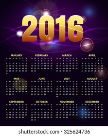 Calendar for 2016 on abstract  shiny background. Week Starts Sunday. Stylish black Vector Template