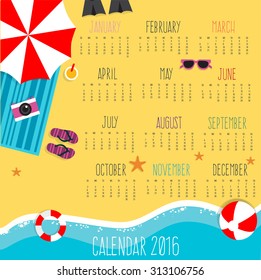 Calendar for 2016 with on the beach background 