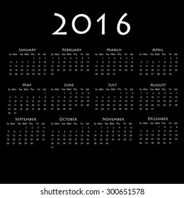 Calendar for 2016 on black background. Vector EPS10.
