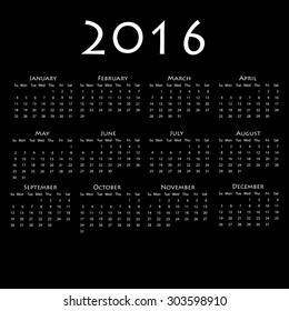 Calendar for 2016 on black background. Vector EPS10.