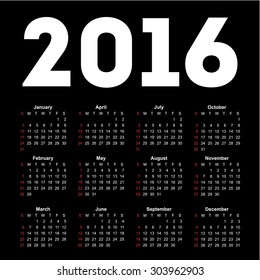 Calendar for 2016 on black background. Vector EPS10.