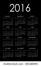 Calendar for 2016 on black background.