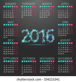 Calendar for 2016 on Black Background. Week Starts Monday. Simple Vector Template