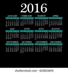 calendar for 2016 on black background