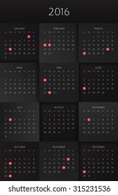 Calendar for 2016 on black geometric box shapes, square background. Week Starts Sunday. Stylish black Vector Template include USA Holidays and Observances
