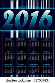 Calendar for 2016 on blue abstract background with glittering stripes.Vector illustration