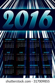 Calendar for 2016 on blue abstract background with glittering stripes.Vector illustration