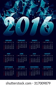 Calendar for 2016 on blue abstract polygonal space low poly dark background with connecting dots and lines.Vector illustration