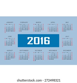 Calendar for 2016 on blue background. Vector EPS10