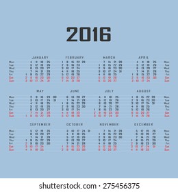 Calendar for 2016 on blue background.  Vector circle calendar 2016. Week starts from Monday and ends  with Sunday with lines separating the days of the week. Font sans serif