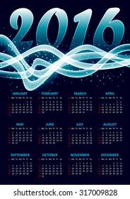 Calendar for 2016 on blue background with abstract glittering sparkling waves.Vector illustration