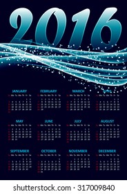 Calendar for 2016 on blue background with abstract glittering sparkling waves.Vector illustration