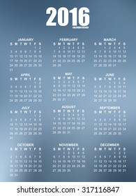 Calendar for 2016 on blur background. Simple vector design template