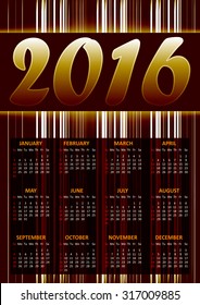 Calendar for 2016 on brown abstract background with glittering stripes.Vector illustration