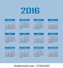 Calendar for 2016 on bue background. Vector EPS10