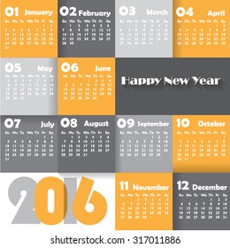 Calendar for 2016 on colourful Background. Week Starts Monday. Simple Vector Template