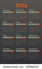 Calendar for 2016 on dark background, week starts Monday, vector