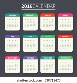 Calendar for 2016 on Dark Background. Week Starts Sunday. Simple Vector Template. For web and print design. Vector illustration. Vertical orientation. Flat design color