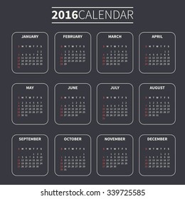 Calendar for 2016 on Dark Background. Week Starts Sunday. Simple Vector Template. For web and print design. Vector illustration. Vertical orientation. Monochrome color