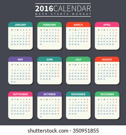 Calendar for 2016 on Dark Background. Week Starts Monday. Simple Vector Template. For web and print design. Vector illustration. Vertical orientation. Flat design color
