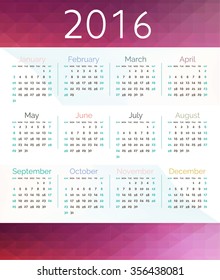 Calendar for 2016 on geometric Background. Week Starts Monday. Simple Vector Template