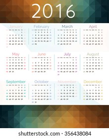 Calendar for 2016 on geometric Background. Week Starts Monday. Simple Vector Template