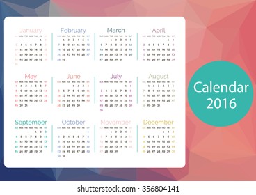 Calendar for 2016 on geometric Background. Week Starts Monday. Simple Vector Template