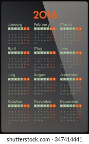 Calendar for 2016 on glossy background, week starts Monday, vector