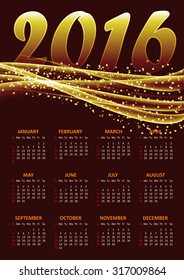 Calendar for 2016 on golden background with abstract glittering sparkling waves.Vector illustration