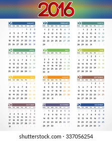 Calendar 2016 on gradient gray background. Colorful banner. Week Starts Monday. Set of 12 Months. Simple vector illustration.