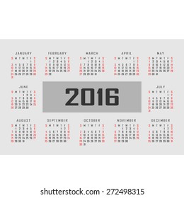 Calendar for 2016 on gray background. Vector EPS10