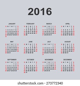 Calendar for 2016 on gray background.  Vector circle calendar 2016. Week starts from Sunday and ends  with Saturday. Font Arial sans serif