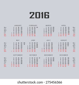 Calendar for 2016 on gray background.  Vector circle calendar 2016. Week starts from Monday and ends  with Sunday with lines separating the days of the week. Font sans serif