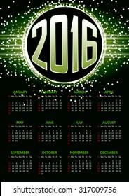 Calendar for 2016 on green abstract background with circle surrounded by flare shimmering particle luxurious pattern. Vector illustration