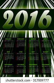 Calendar for 2016 on green abstract background with glittering stripes.Vector illustration