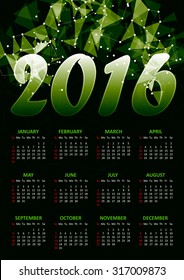 Calendar for 2016 on green abstract polygonal space low poly dark background with connecting dots and lines.Vector illustration