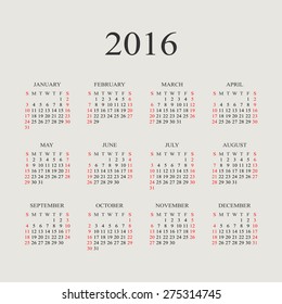 Calendar for 2016 on grey background.  Vector circle calendar 2016. Week starts from Sunday and ends  with Saturday. Font times with serif