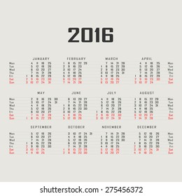 Calendar for 2016 on grey background.  Vector circle calendar 2016. Week starts from Monday and ends  with Sunday with lines separating the days of the week. Font sans serif