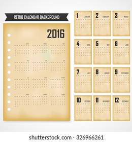 Calendar for 2016 on grey background.2016 calendar in the retro style,vintage background.Week Starts Sunday.Vector Template illustration