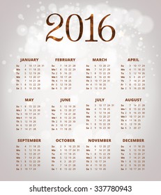 Calendar for 2016 on holiday background. Week Starts Monday