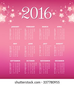 Calendar for 2016 on holiday background. Week Starts Monday
