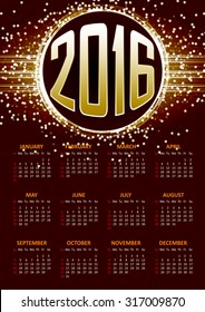 Calendar for 2016 on orange abstract background with circle surrounded by flare shimmering particle luxurious pattern. Vector illustration