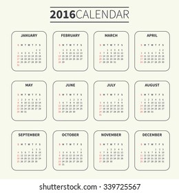 Calendar for 2016 on Pale or Light Background. Week Starts Sunday. Simple Vector Template. For web and print design. Vector illustration. Vertical orientation. Monochrome color