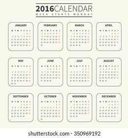 Calendar for 2016 on Pale or Light Background. Week Starts Monday. Simple Vector Template. For web and print design. Vector illustration. Vertical orientation. Monochrome color