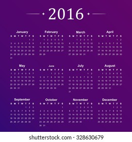 Calendar for 2016 on purple background. Vector Illustration.