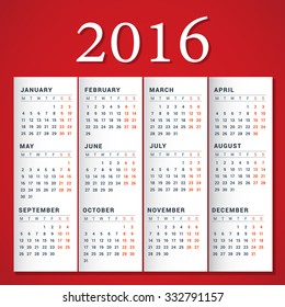 Calendar 2016 on Red Background. Week Starts Monday. Simple Vector Template