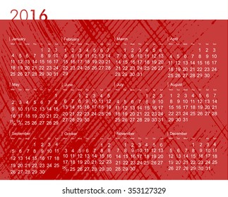Calendar for 2016 on Red Background. Week Starts Monday. Simple Vector Template