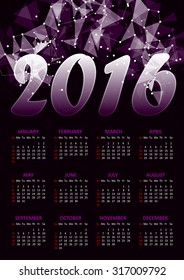 Calendar for 2016 on violet abstract polygonal space low poly dark background with connecting dots and lines.Vector illustration