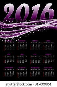 Calendar for 2016 on violet background with abstract glittering sparkling waves.Vector illustration